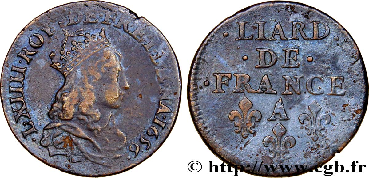 LOUIS XIV LE GRAND OU LE ROI SOLEIL Liard de cuivre, 2e type 1656 Corbeil TTB