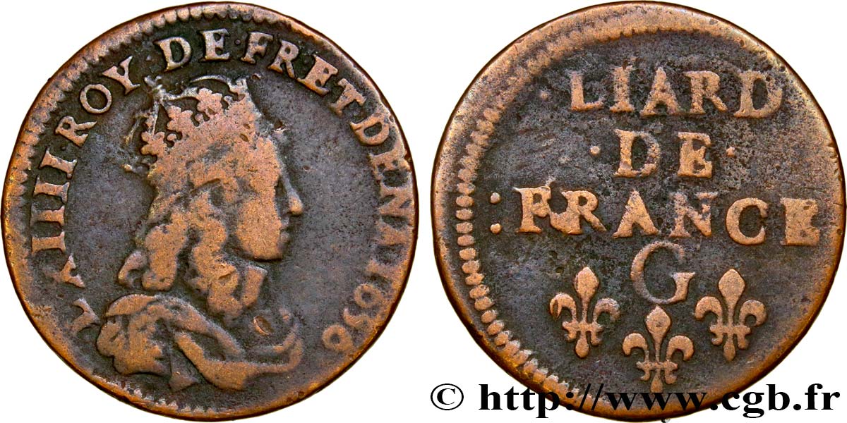 LOUIS XIV  THE SUN KING  Liard de cuivre, 2e type 1656 Lusignan VF