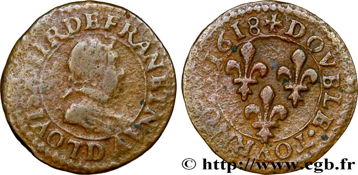 LOUIS XIII LE JUSTE Double tournois, type 4 1618 Lyon B+