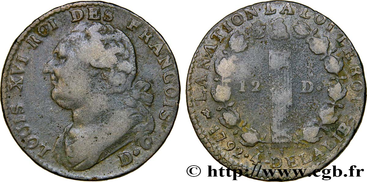 LOUIS XVI (MONARQUE CONSTITUTIONNEL)  12 deniers dit  au faisceau , type FRANCOIS 1792 Dijon TB+