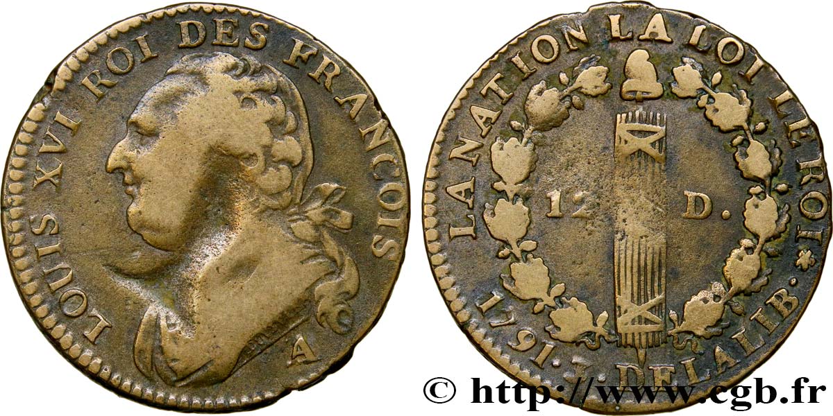LOUIS XVI (MONARQUE CONSTITUTIONNEL)  12 deniers dit  au faisceau , type FRANCOIS 1791 Paris TB