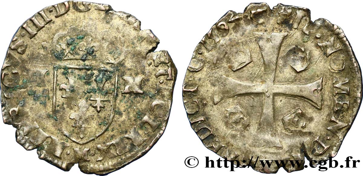 THE LEAGUE. COINAGE IN THE NAME OF HENRY III Douzain aux deux H, 1er type 1594 Toulouse VF