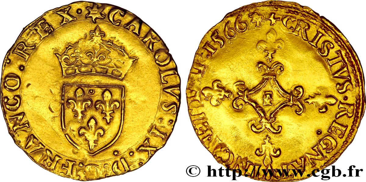 CHARLES IX Écu d or au soleil, 1er type 1566 Limoges AU/XF