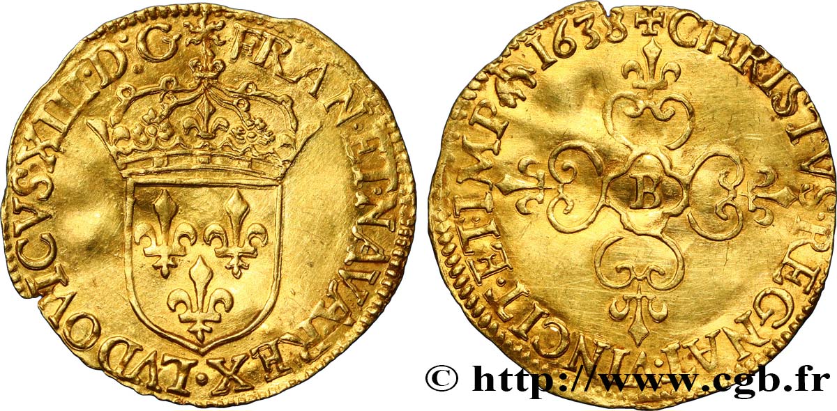 LOUIS XIII LE JUSTE Écu d or au soleil, à la croix anillée fleurdelisée 1638 Rouen TTB+