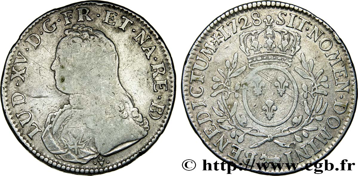 LOUIS XV  THE WELL-BELOVED  Écu aux branches d olivier, buste habillé 1728 Pau fS/SS