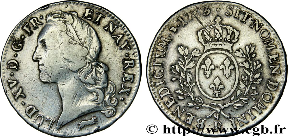 LOUIS XV  THE WELL-BELOVED  Écu aux branches d’olivier, tête ceinte d’un bandeau 1763 Orléans MBC