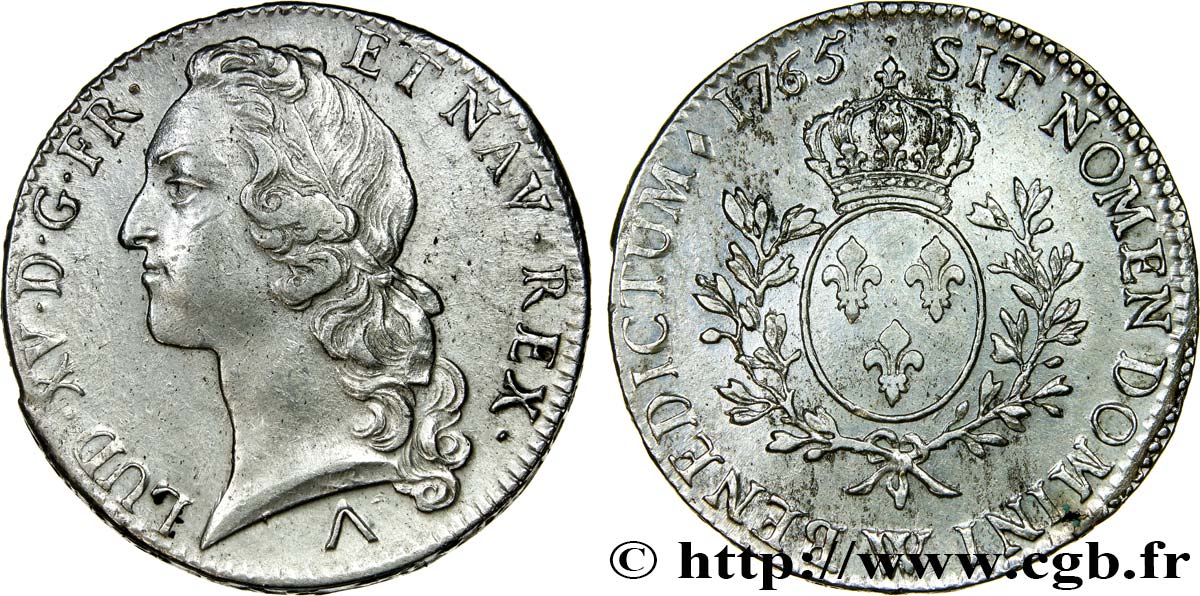 LOUIS XV  THE WELL-BELOVED  Écu aux branches d’olivier, tête ceinte d’un bandeau 1765 Lille MBC