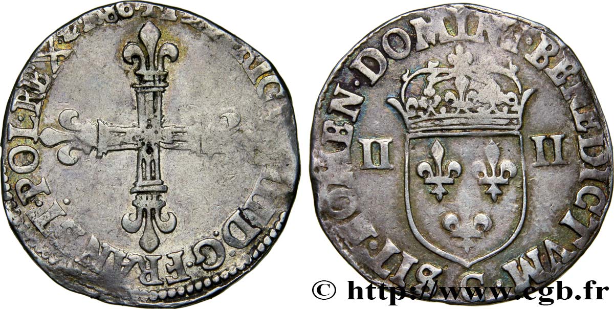 HENRI III Quart d écu, croix de face 1586 Saint-Lô TB+/TTB