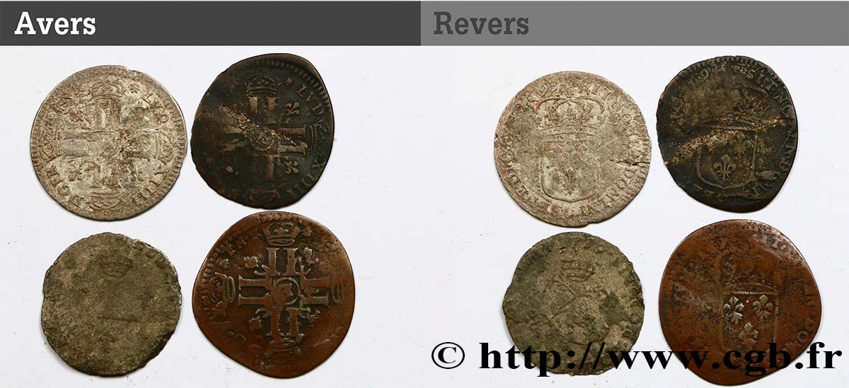 LOUIS XIV LE GRAND OU LE ROI SOLEIL Quinzain aux huit L, lot de 4 ex. n.d.  B