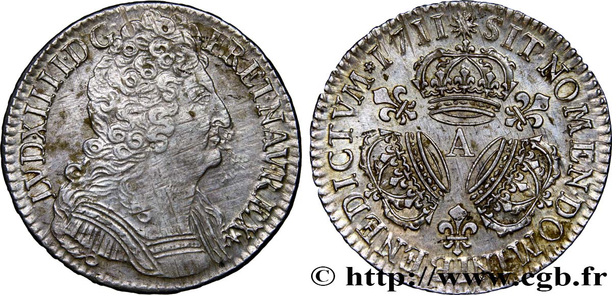 LOUIS XIV  THE SUN KING  Demi-écu aux trois couronnes 1711 Paris q.SPL/SPL