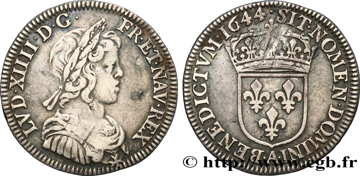 LOUIS XIV LE GRAND OU LE ROI SOLEIL Quart d écu, portrait à la mèche courte 1644 Paris, Monnaie de Matignon TTB