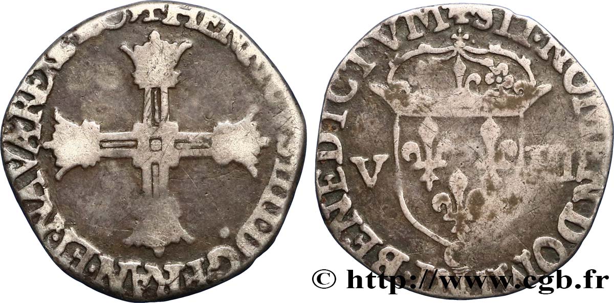HENRY IV Huitième d écu, croix batonnée et couronnée de face 1603 Saint-Lô VF