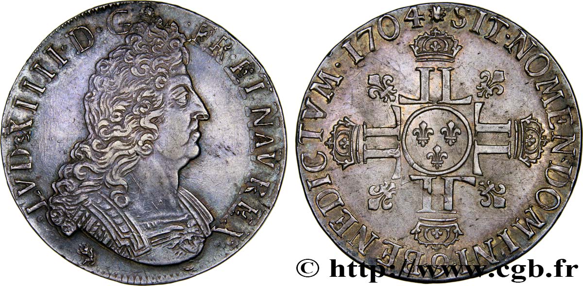 LOUIS XIV  THE SUN KING  Écu aux huit L, 2e type 1704 Rennes VZ