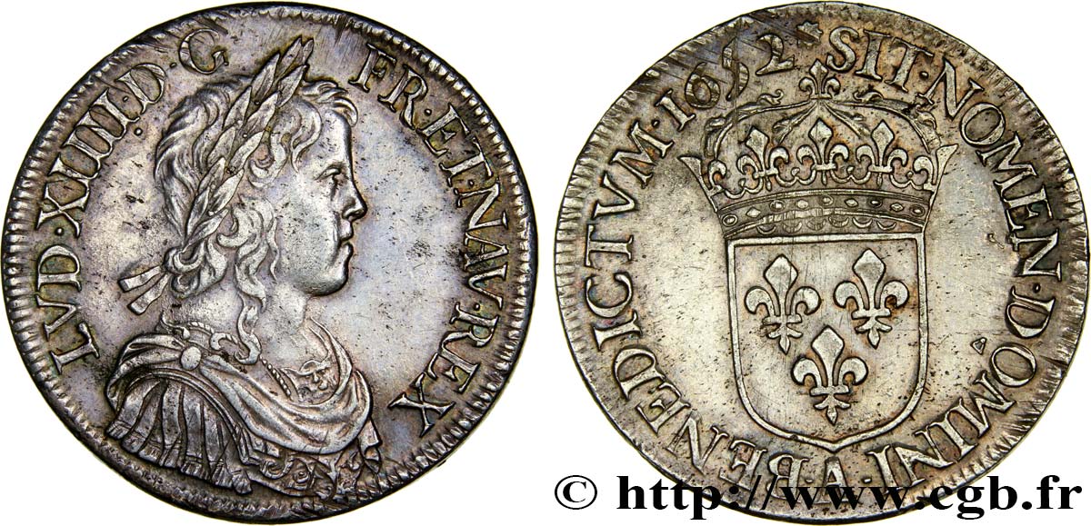 LOUIS XIV  THE SUN KING  Écu, portrait à la mèche longue 1652 Paris MBC+/EBC