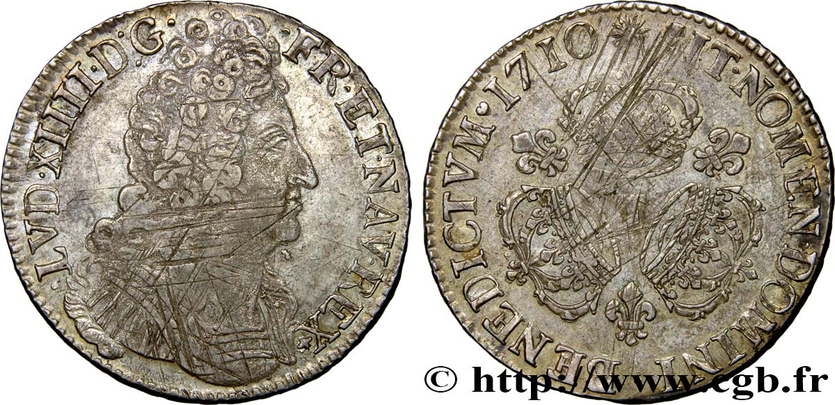 LOUIS XIV  THE SUN KING  Écu aux trois couronnes 1710 Nantes VF