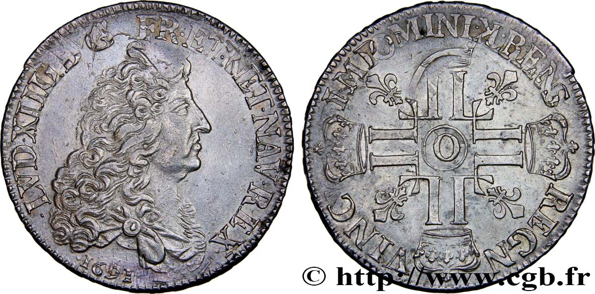 LOUIS XIV  THE SUN KING  Écu aux huit L, 1er type 1691 Riom fVZ