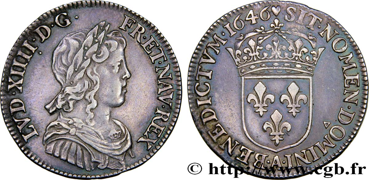 LOUIS XIV  THE SUN KING  Quart d écu, portait à la mèche longue 1646 Paris MBC+/EBC