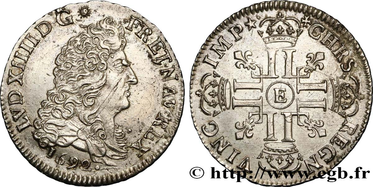 LOUIS XIV  THE SUN KING  Quart d écu aux huit L, 1er type 1692 Tours VZ