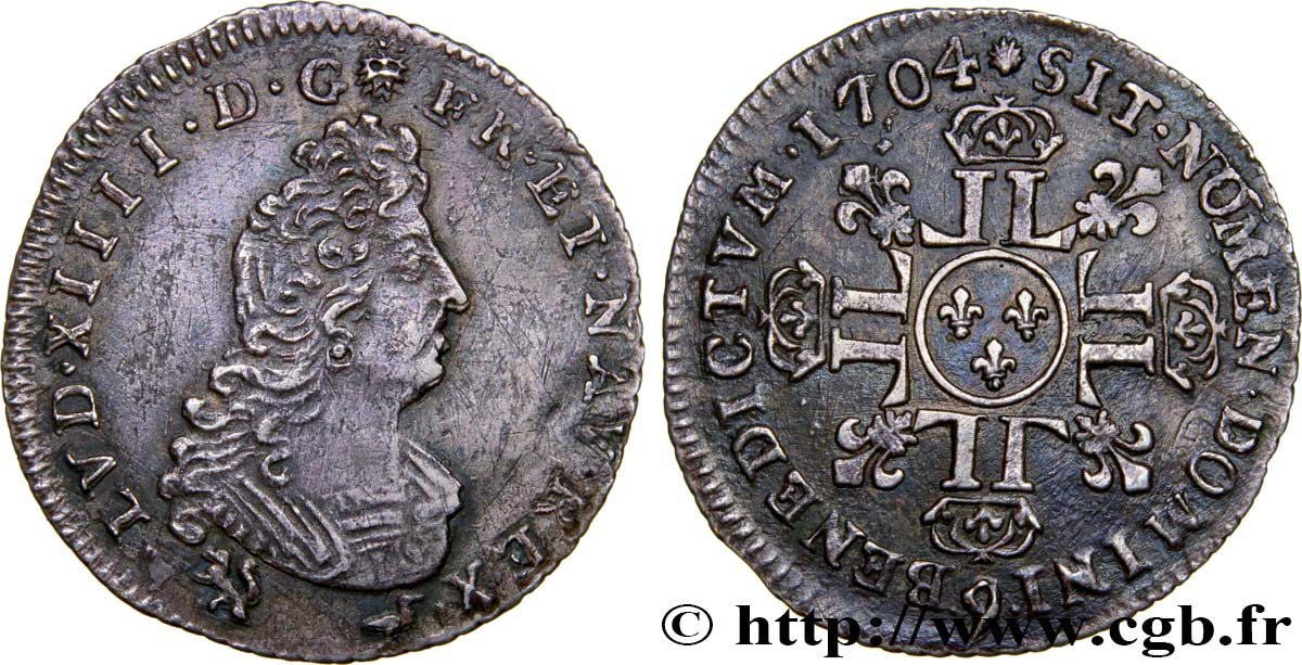 LOUIS XIV  THE SUN KING  Douzième d écu aux huit L, 2e type 1704 Rennes q.SPL/SPL