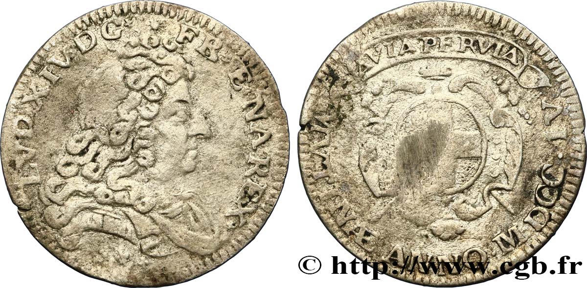 ITALY - MODENA - LOUIS XIV  THE SUN KING  Pièce de trois sols, double georgin ou demi-livre de Modène 1704 Modène q.BB