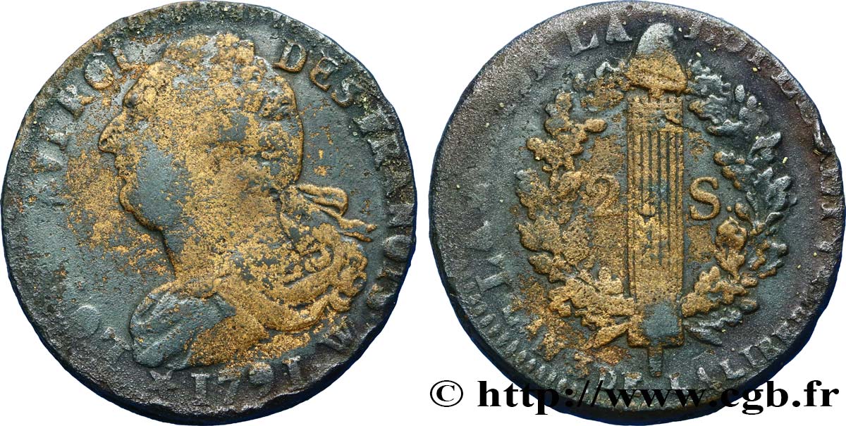 LOUIS XVI (MONARQUE CONSTITUTIONNEL)  2 sols dit  au faisceau , légende fautée FRANOIS 1791 Lille TB+