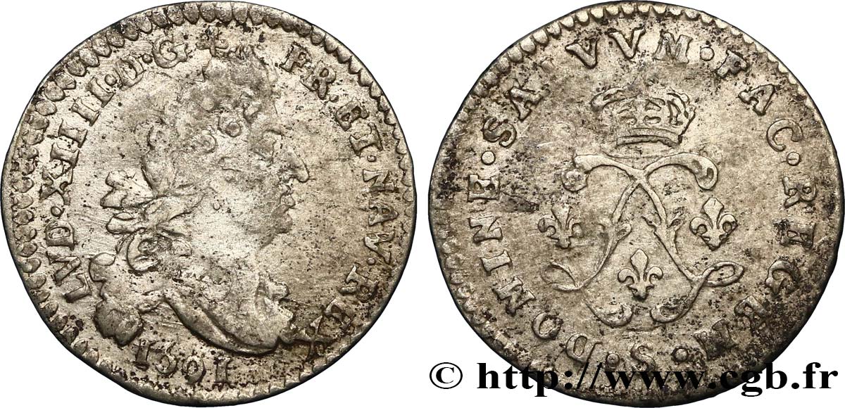 LOUIS XIV LE GRAND OU LE ROI SOLEIL Quatre sols aux deux L 1691 Reims TTB