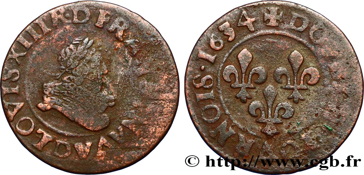 LOUIS XIII LE JUSTE Double tournois, type 8 1634 Lyon TB