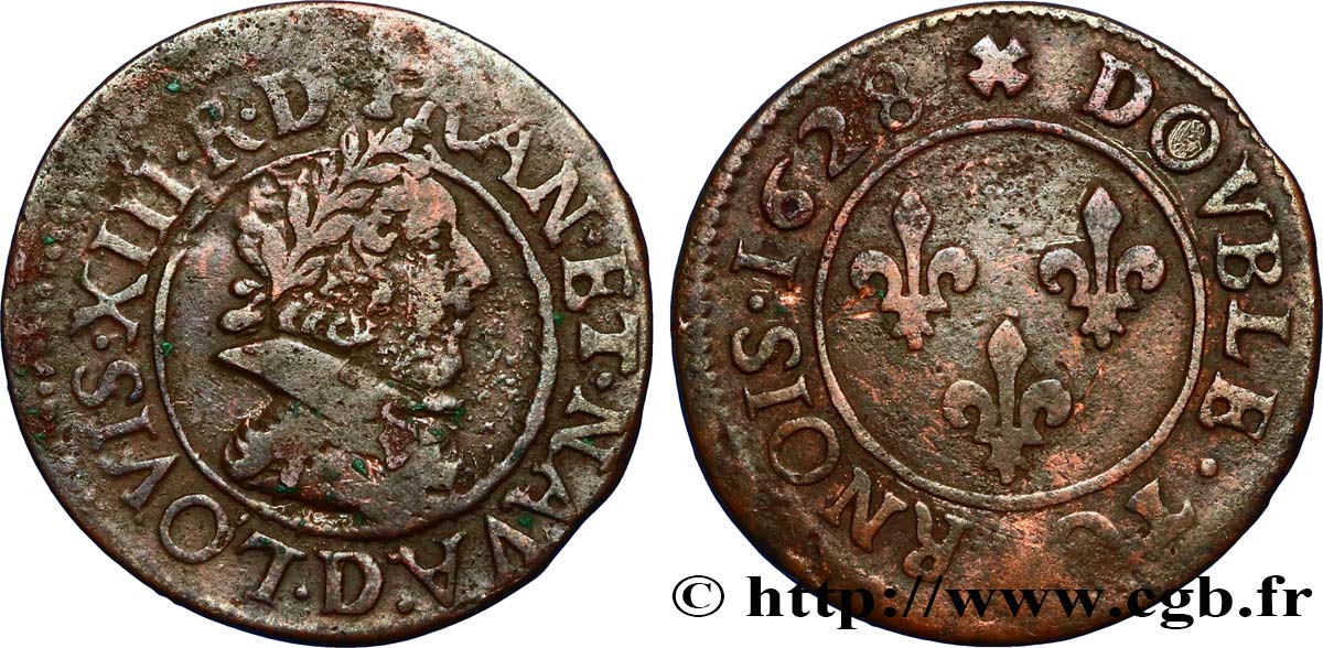 LOUIS XIII LE JUSTE Double tournois, 6e type 1628 Lyon TB