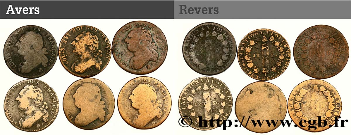 LOTS Lot de six pièces de 12 deniers dit &nbsp;au faisceau&nbsp;, type FRANCOIS et FRANCAIS n.d. s.l. B+