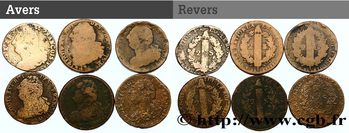 LOUIS XVI Lot de six pièces de 2 sols dit &nbsp;au faisceau&nbsp;, type FRANÇOIS n.d. s.l. VF