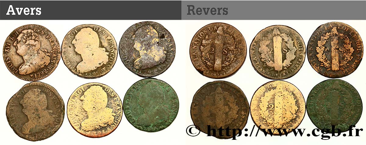 LOUIS XVI (MONARQUE CONSTITUTIONNEL)  Lot de six pièces de 2 sols dit &nbsp;au faisceau&nbsp;, type FRANÇOIS n.d. s.l. TB