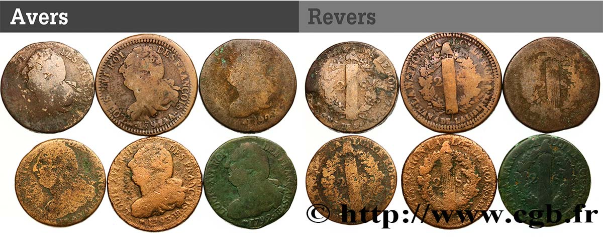 LOUIS XVI Lot de six pièces de 2 sols dit  au faisceau , type FRANÇOIS n.d. s.l. BC