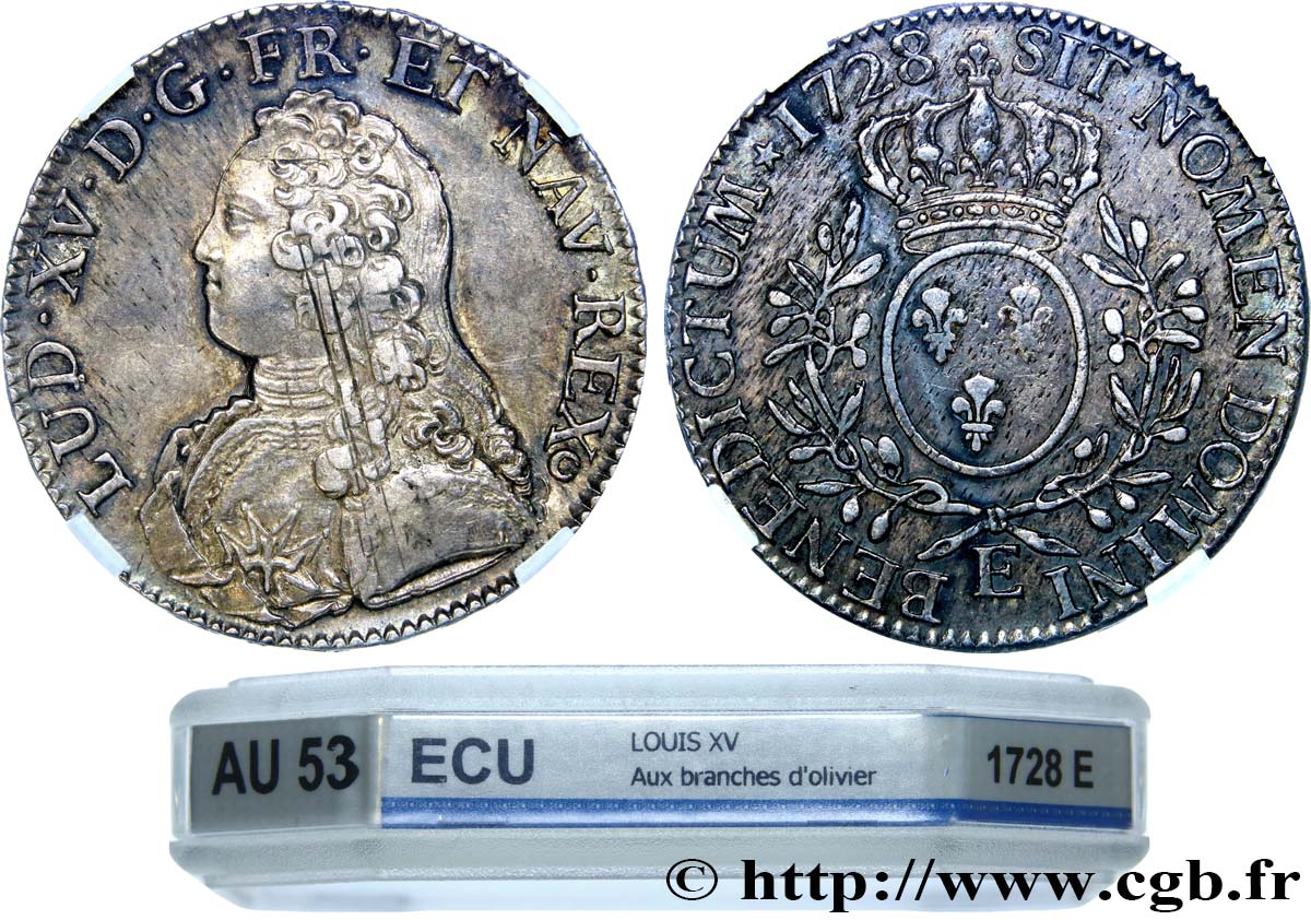 LOUIS XV  THE WELL-BELOVED  Écu aux branches d olivier, buste habillé 1728 Tours AU53