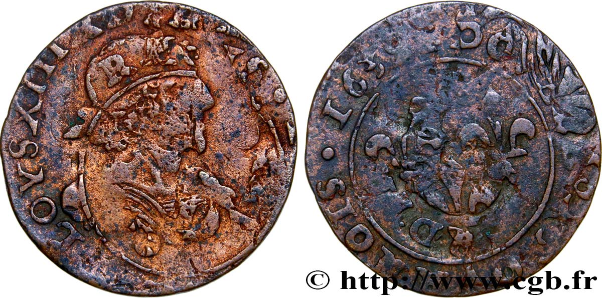 LOUIS XIII  Double tournois au grand buste viril drapé 1639 Vallée du Rhône BC