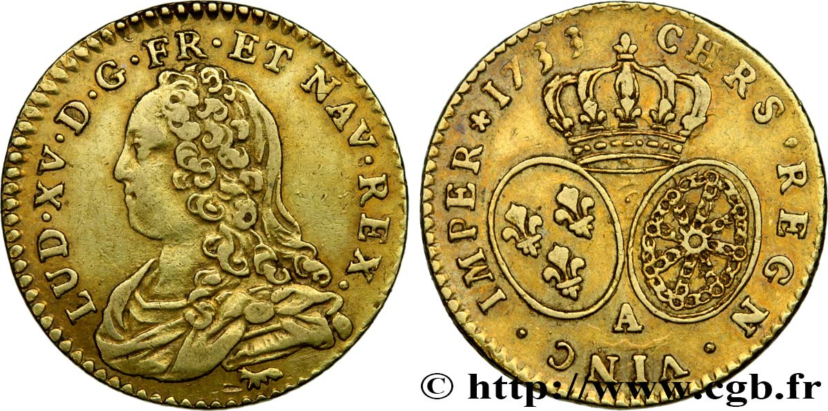 LOUIS XV DIT LE BIEN AIMÉ Demi-louis d or aux écus ovales, buste habillé 1733 Paris TTB