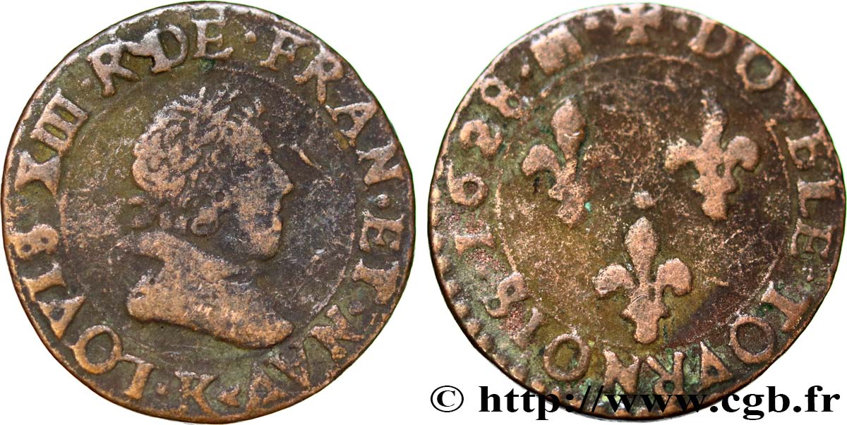 LOUIS XIII  Double tournois, type 7 1628 Bordeaux S