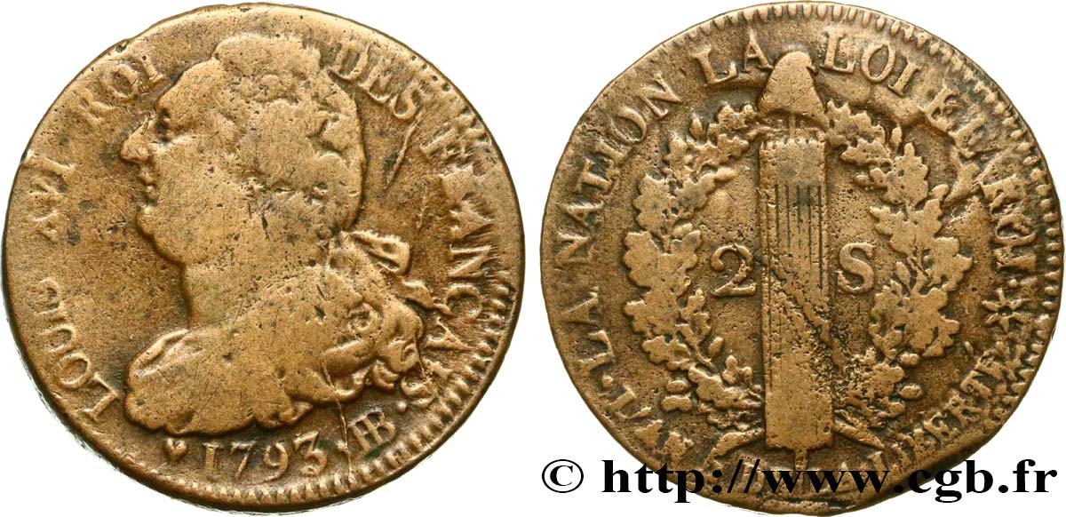 LOUIS XVI 2 sols dit &nbsp;au faisceau&nbsp;, type FRANÇAIS 1793 Strasbourg VF
