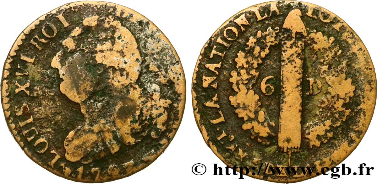 LOUIS XVI (MONARQUE CONSTITUTIONNEL)  6 deniers dit &nbsp;au faisceau&nbsp;, type FRANÇOIS 1793 Nantes B