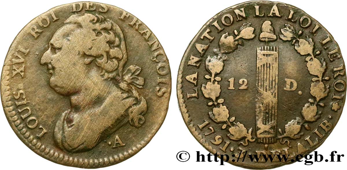 LOUIS XVI (MONARQUE CONSTITUTIONNEL)  12 deniers dit  au faisceau , type FRANÇOIS 1791 Paris TB/TB+