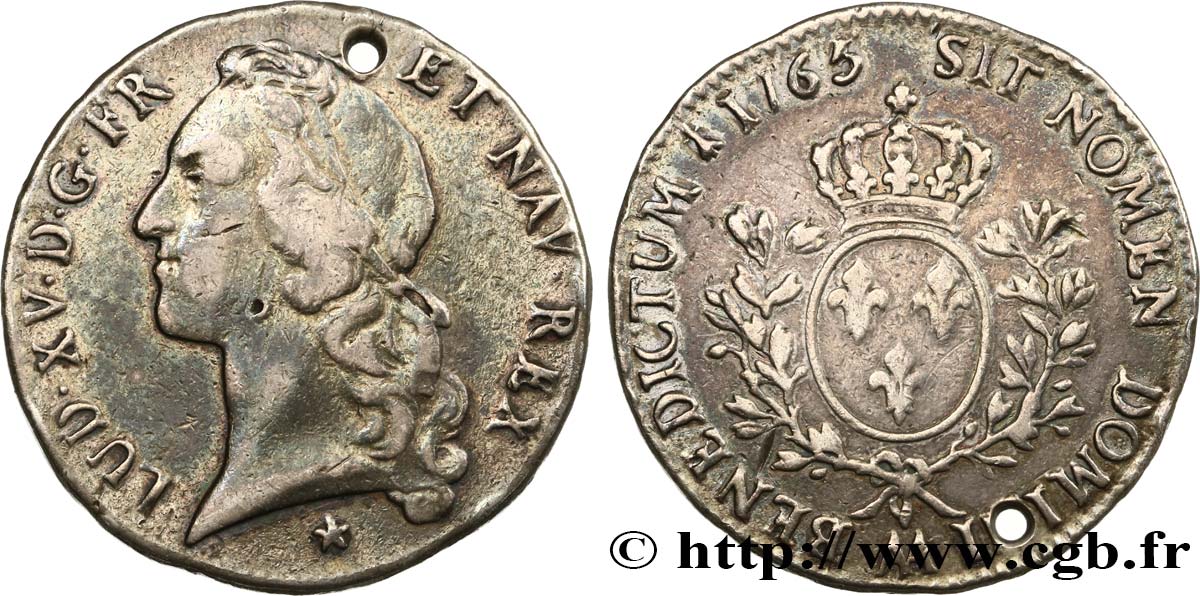 LOUIS XV  THE WELL-BELOVED  Écu aux branches d’olivier, tête ceinte d’un bandeau 1765 Metz VF