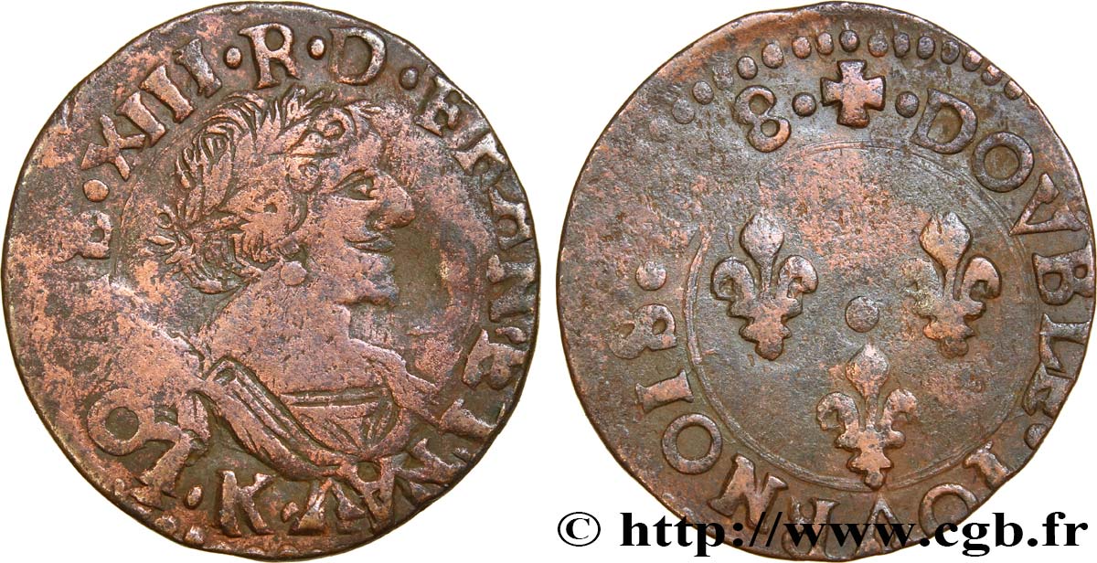 LOUIS XIII LE JUSTE Double tournois, type 14 1638 Bordeaux TB