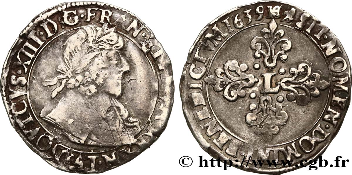 LOUIS XIII Demi-franc buste lauré au grand col rabattu 1639 Montpellier XF