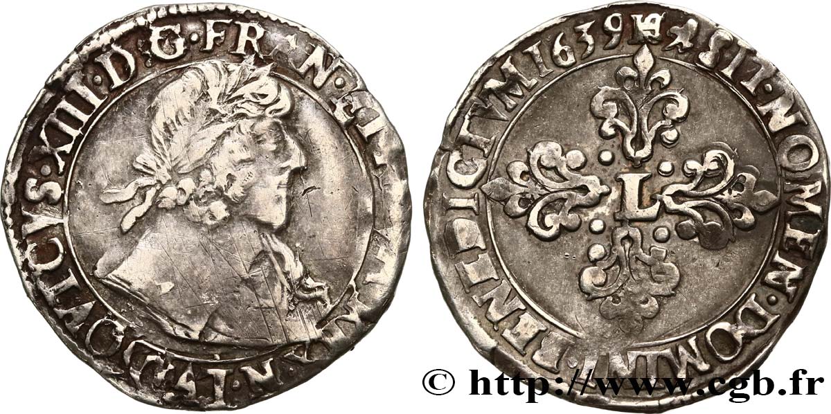 LOUIS XIII  Demi-franc buste lauré au grand col rabattu 1639 Montpellier XF