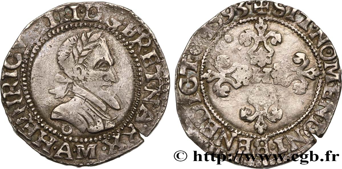 HENRI IV LE GRAND Demi-franc, type de Melun 1593 Melun TB+