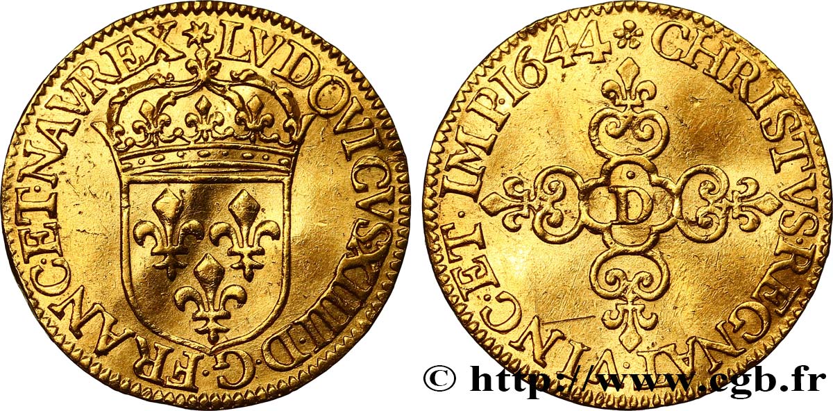LOUIS XIV LE GRAND OU LE ROI SOLEIL Écu d or au soleil, à la croix anillée fleurdelisée 1644 Lyon SUP
