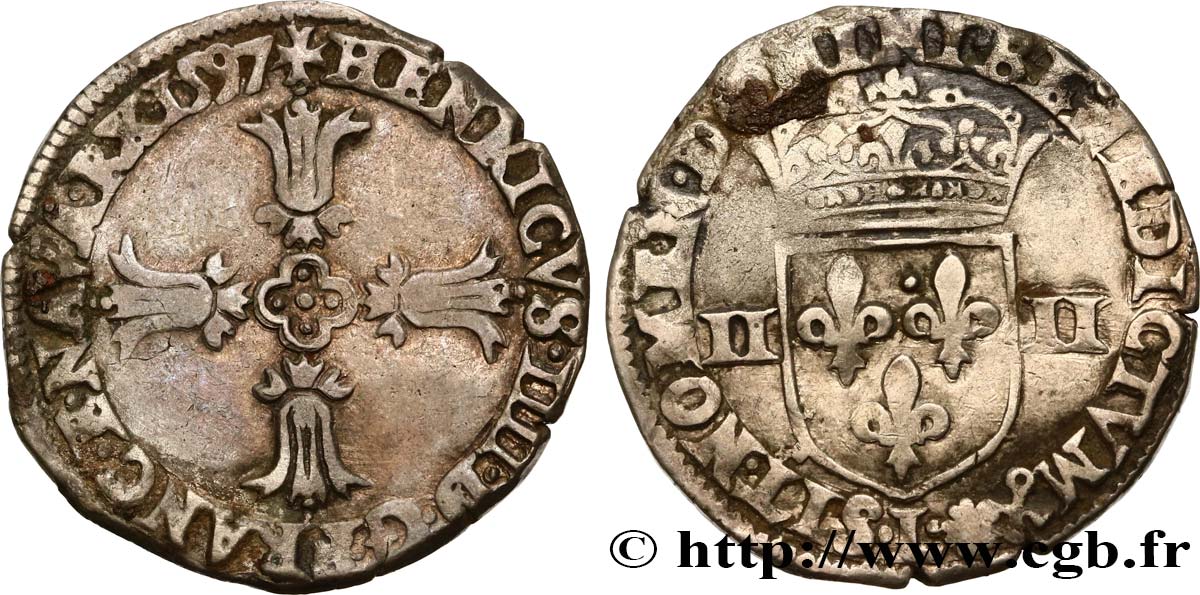 HENRY IV Quart d écu, croix feuillue de face 1597 Bayonne q.BB