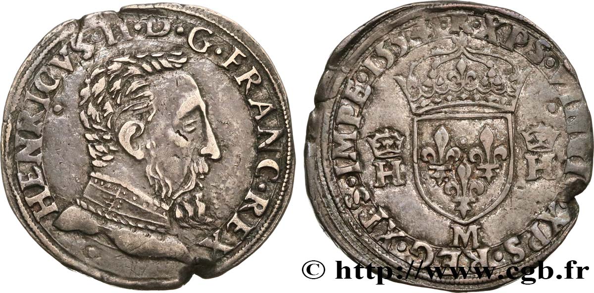 HENRI II Teston à la tête nue, 5e type 1554 Toulouse TTB