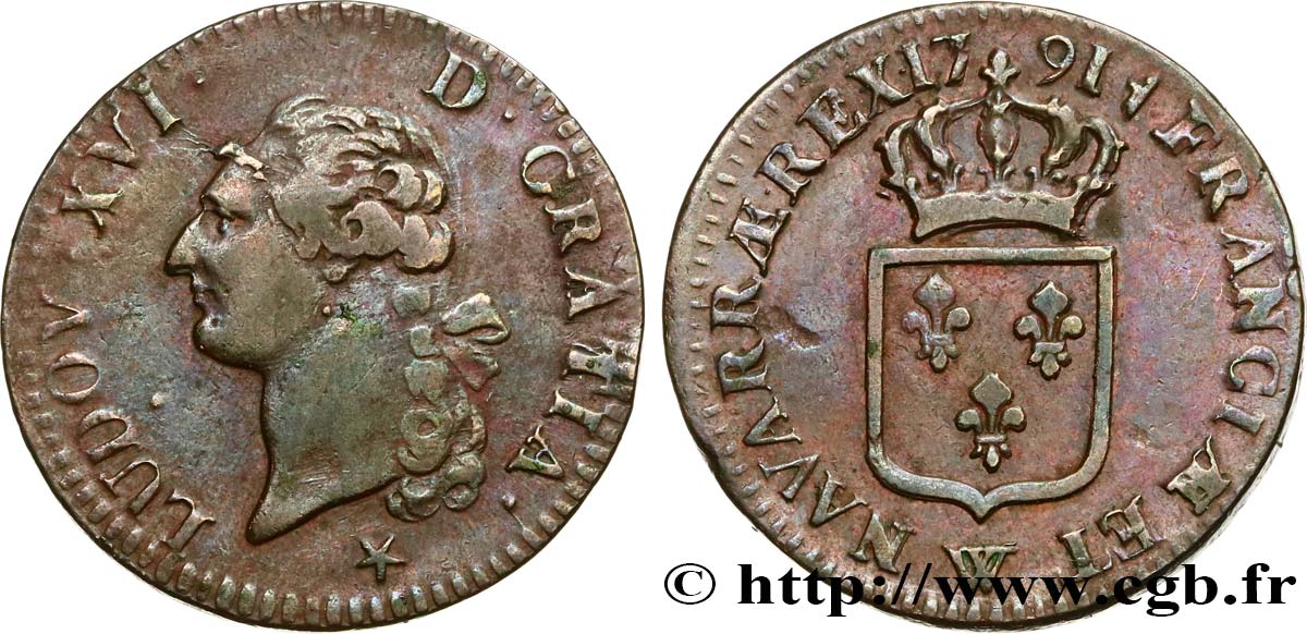 LOUIS XVI Sol dit &nbsp;à l&nbsp;écu&nbsp; 1791 Lille TTB