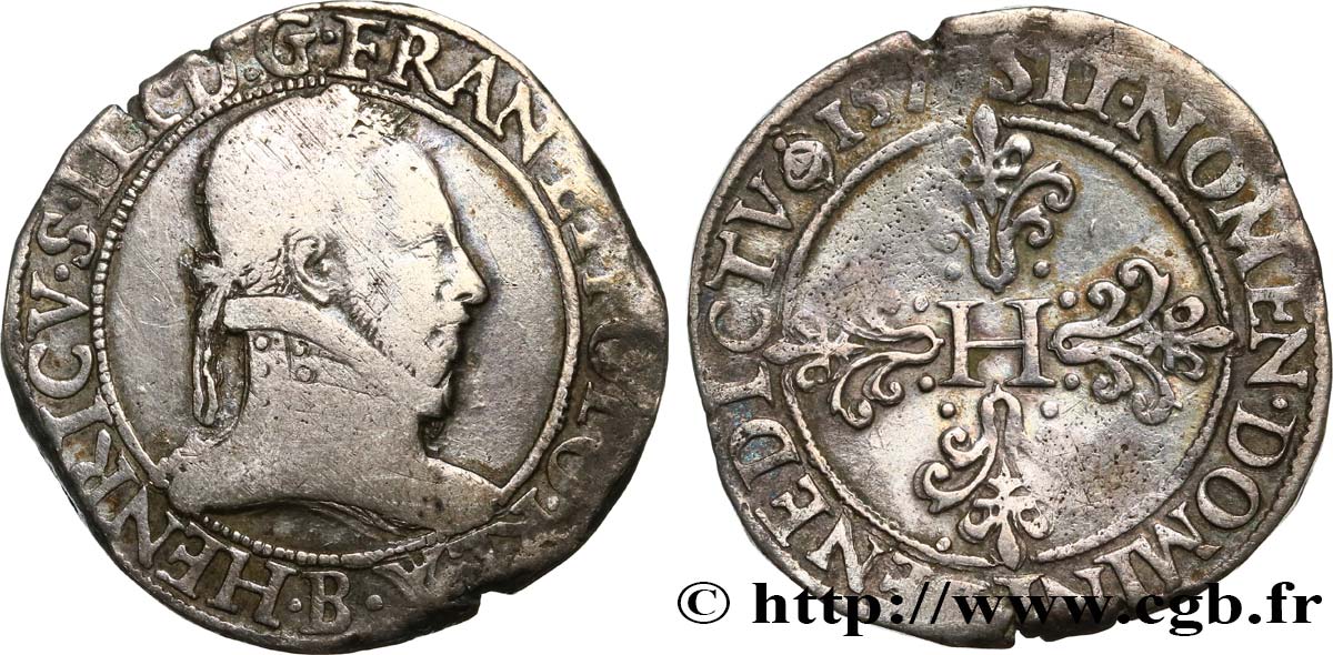 HENRY III Franc au col plat 1577 Rouen VF/VF