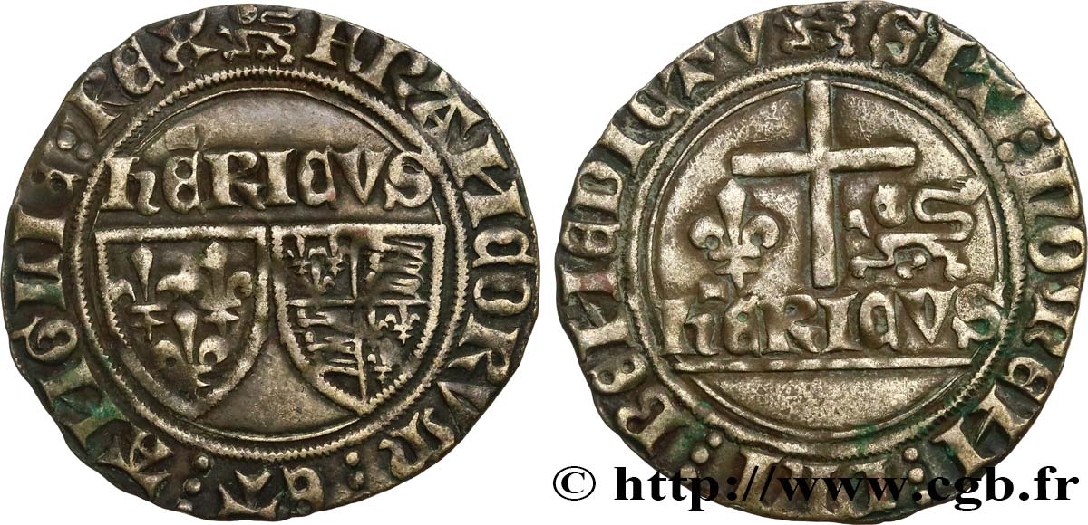 HENRY VI DE LANCASTRE - ROI DE FRANCE (1422-1453) - ROI D ANGLETERRE (1422-1461) et (1470-1471) Blanc aux écus n.d. Rouen TTB+/TTB